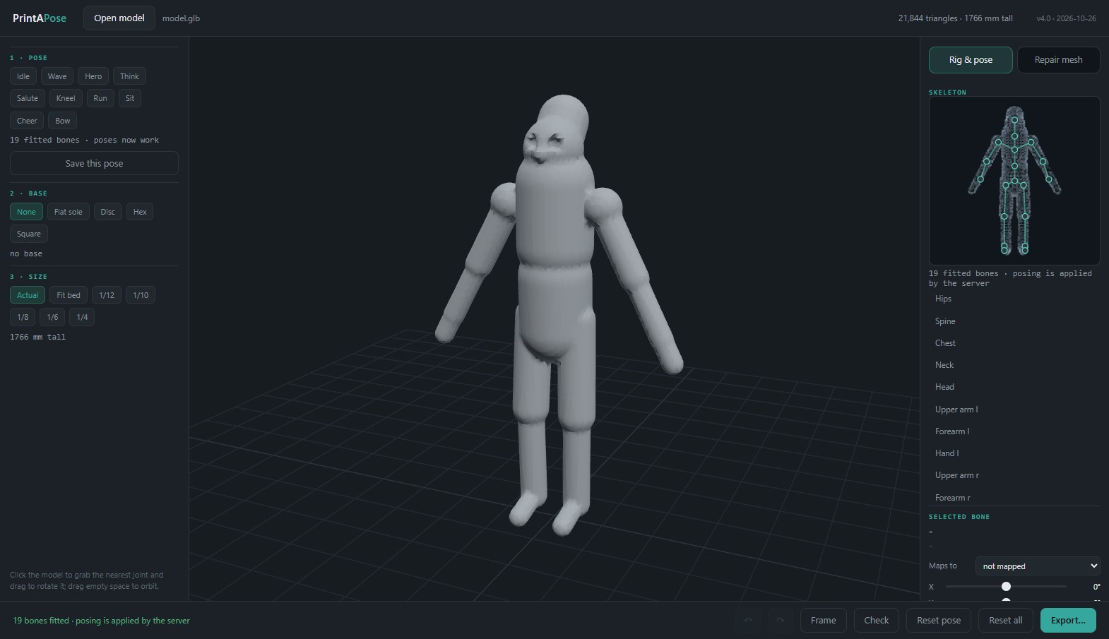 The app with a mannequin loaded: pose library on the left, figure in the viewport, skeleton and bone editor on the right