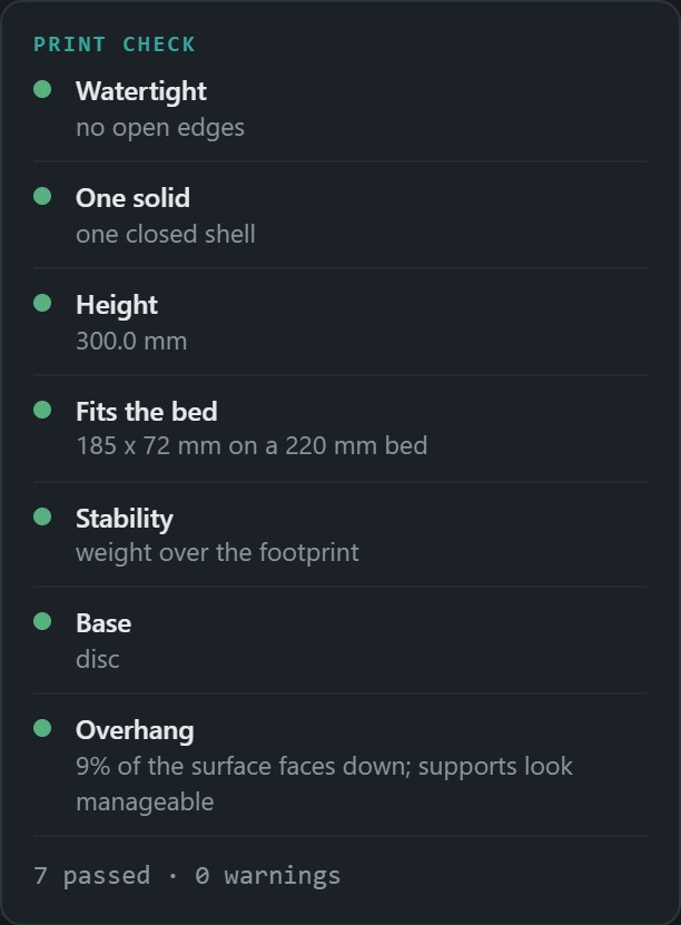 The print check panel showing seven tests passing: watertight, one solid, height, bed fit, stability, base and overhang