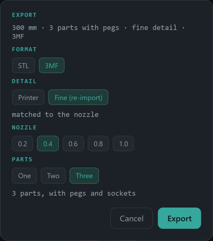 The export dialog set to 3MF, fine detail, 0.4 mm nozzle and three parts with pegs and sockets